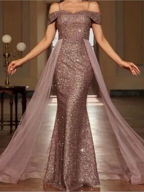 Off-Shoulder Sequin Evening Gown in Dusty Rose